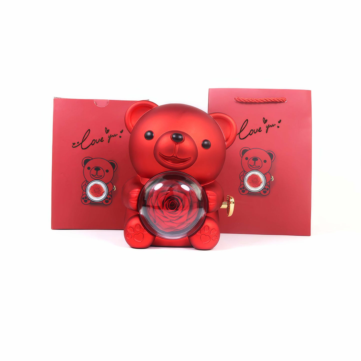 Rotating Rose Teddy Box  + Custom Photo Pendant