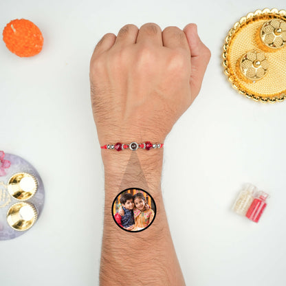 Red Ruby & Silver Beads Photo Projection Rakhi
