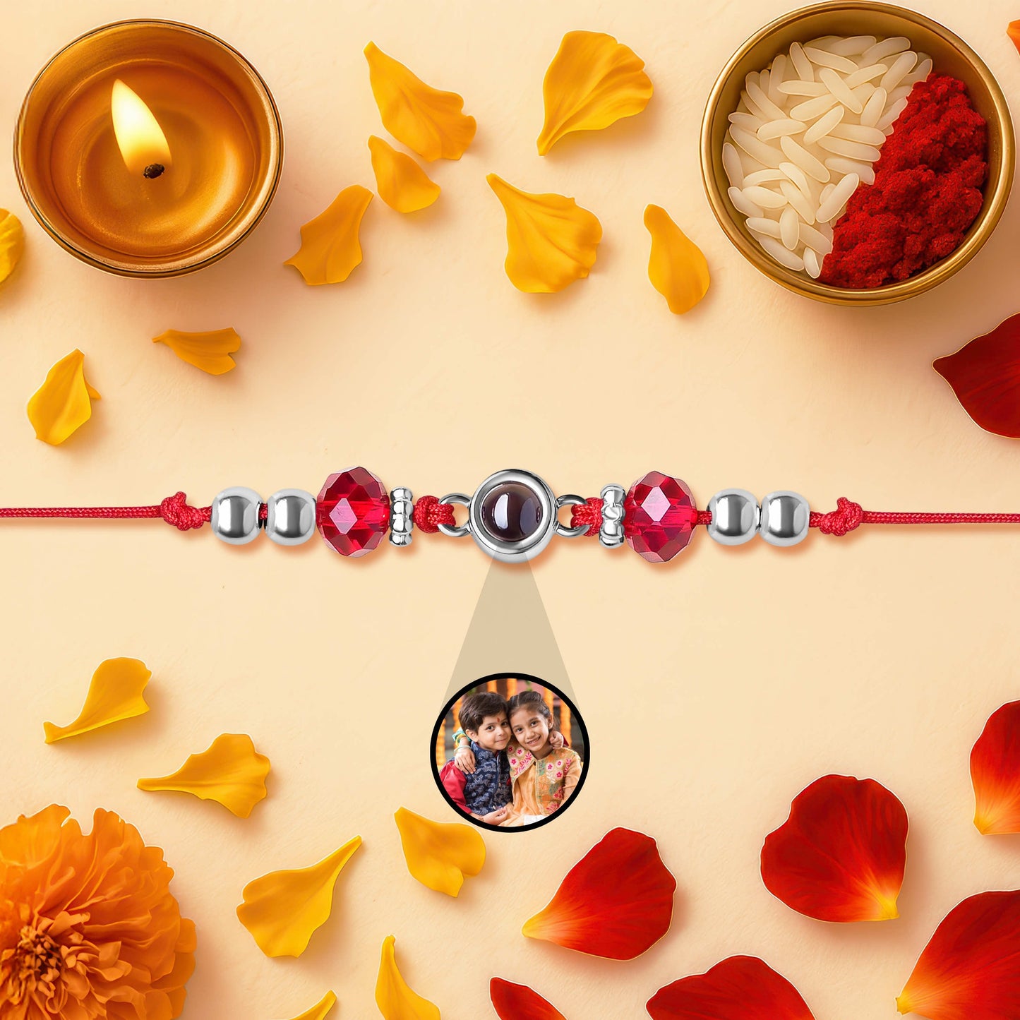 Red Ruby & Silver Beads Photo Projection Rakhi