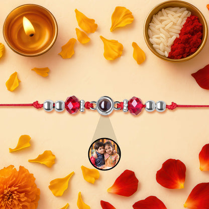 Red Ruby & Silver Beads Photo Projection Rakhi