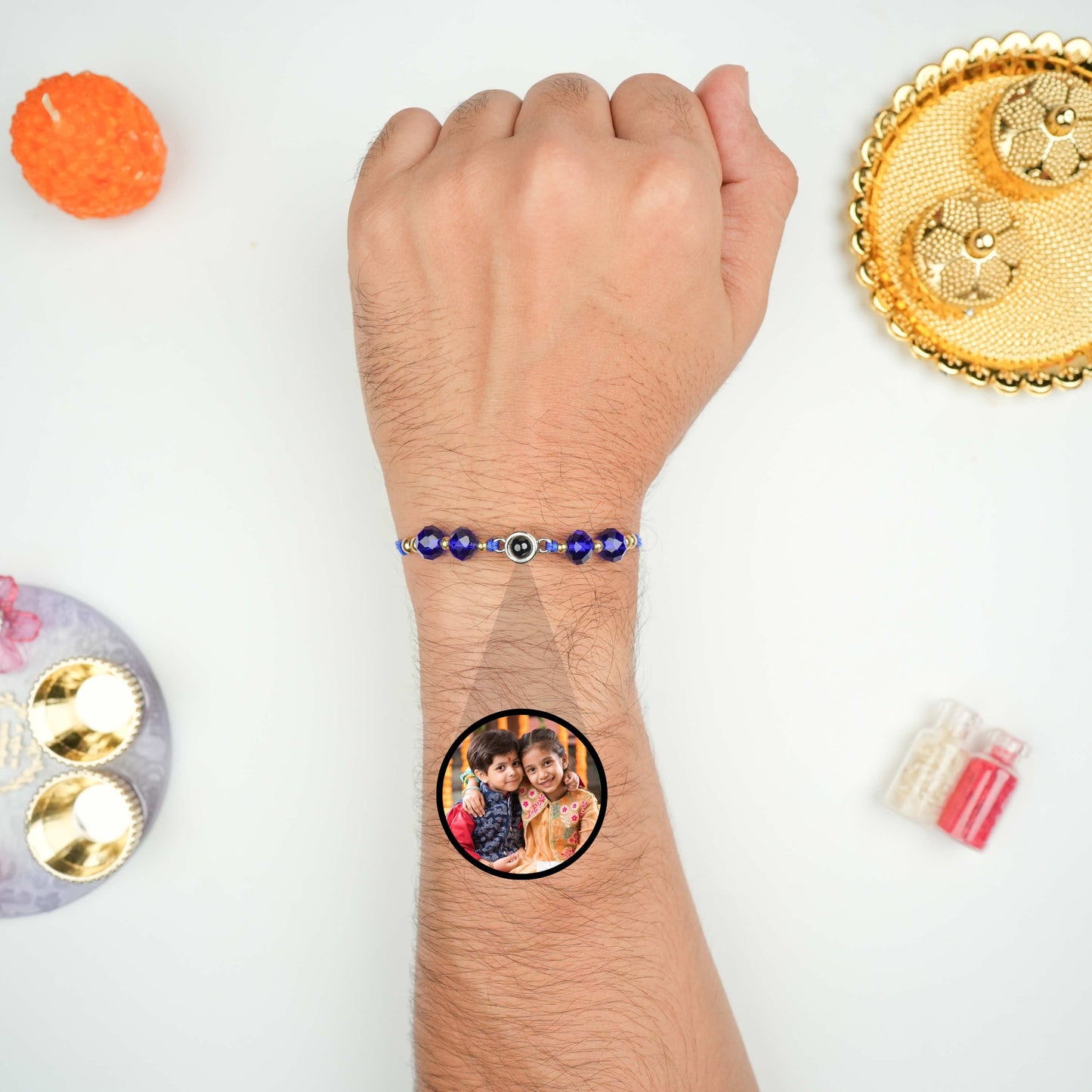 Royal Blue Crystal Photo Projection Rakhi