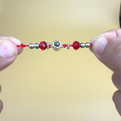 Red Ruby & Silver Beads Photo Projection Rakhi