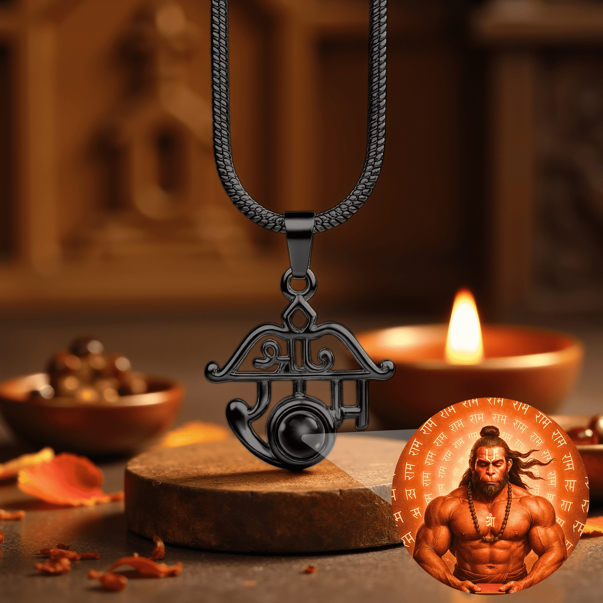 Shree Ram Pendant with Meditating Hanuman Ji Photo - Divine Jewels